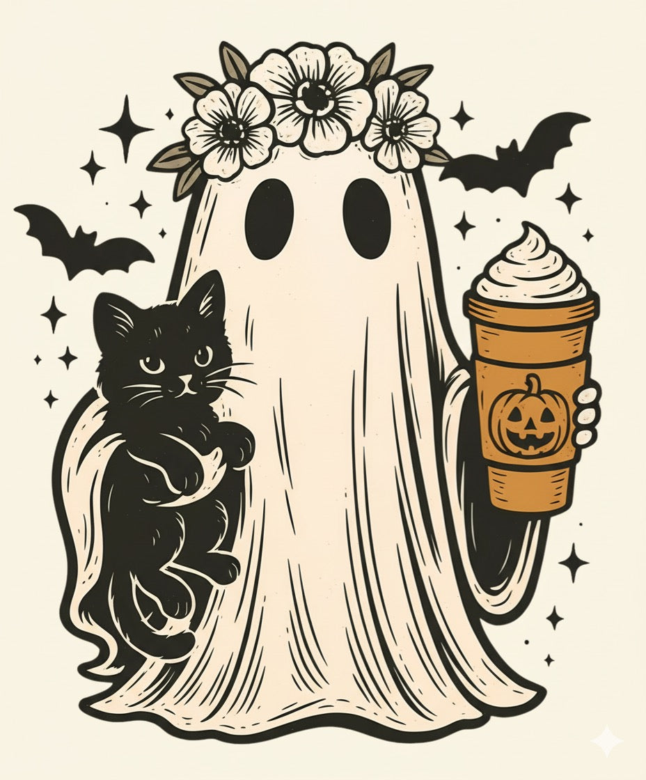 Ghost with Cat and Pumpkin Spice Coffee Design – Cute Halloween Artwork
