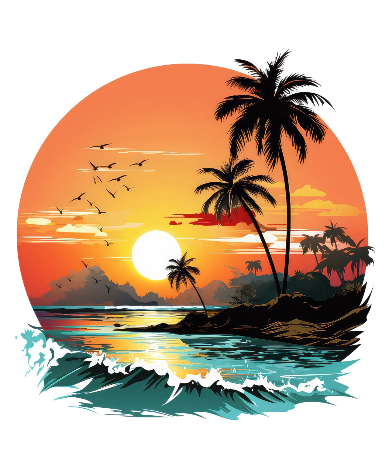 Tropical Beach Sunset Design – Palm Trees & Ocean Waves Artwork