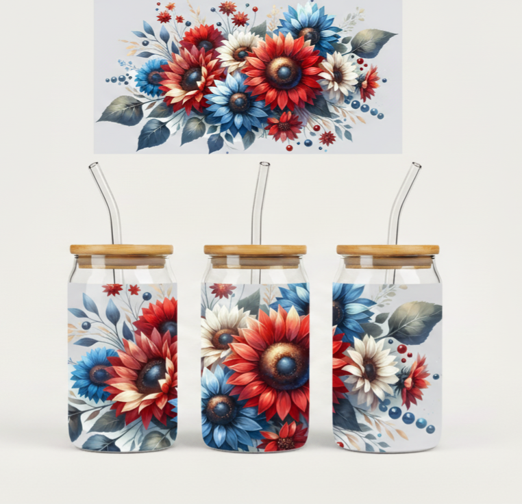 Patriotic Floral Bouquet – Red, White & Blue 16oz UV Sticker