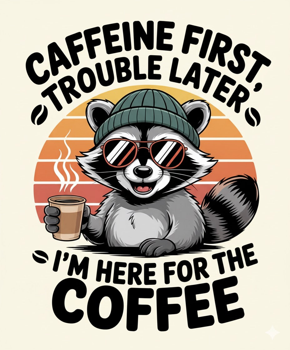 Cool Raccoon Coffee Design – Caffeine First, Trouble Later Artwork