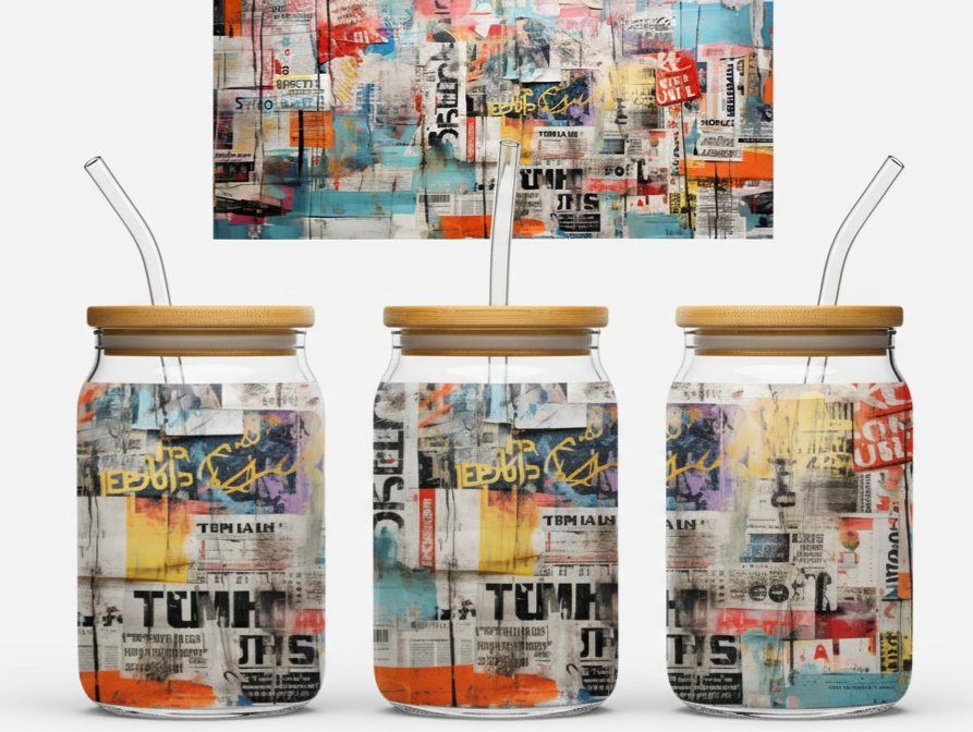 Abstract Newspaper Collage – Urban Graffiti 16oz UV Sticker