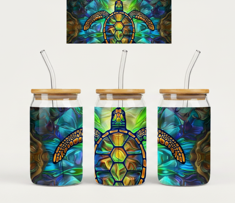 Sea Turtle Mason Jar Design – Colorful Ocean Artwork – 16oz UV Sticker