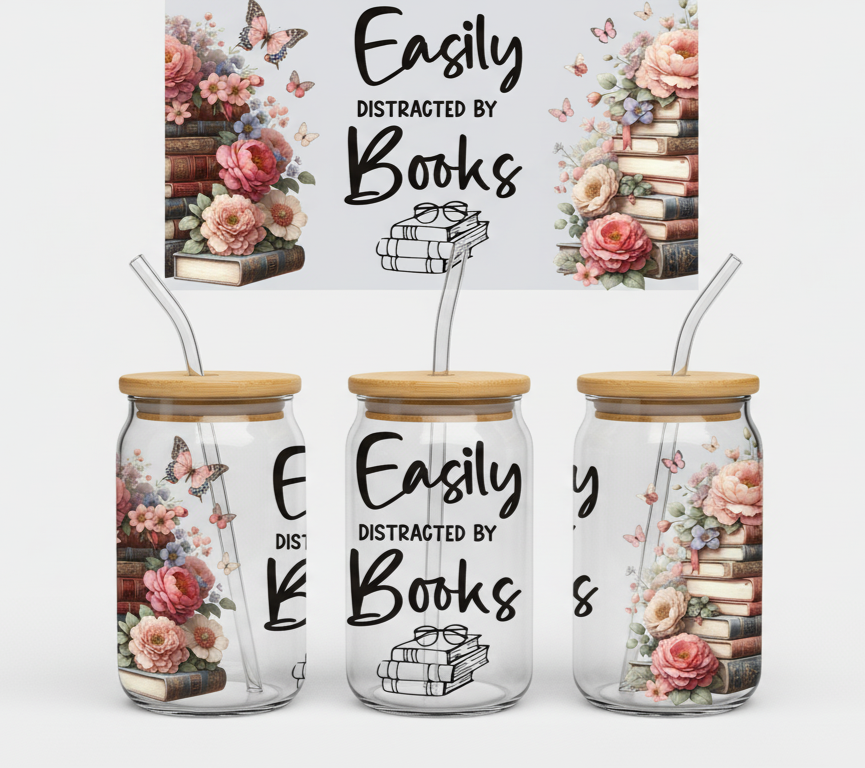 Easily Distracted by Books – Floral Reading 16oz UV Sticker