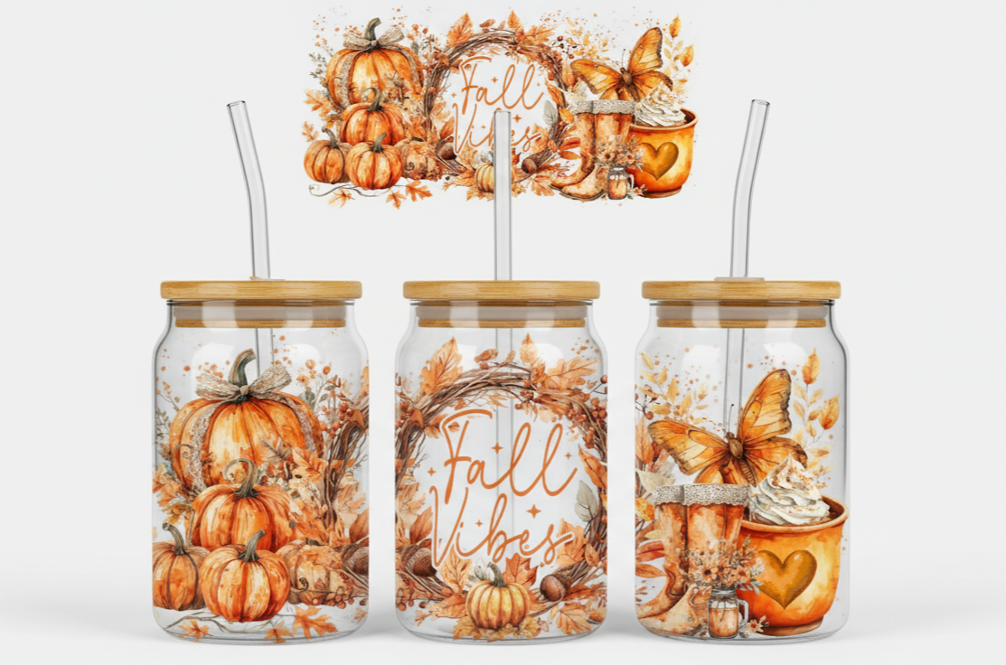 Fall Vibes – Pumpkin Autumn Leaves 16oz UV Sticker Wrap
