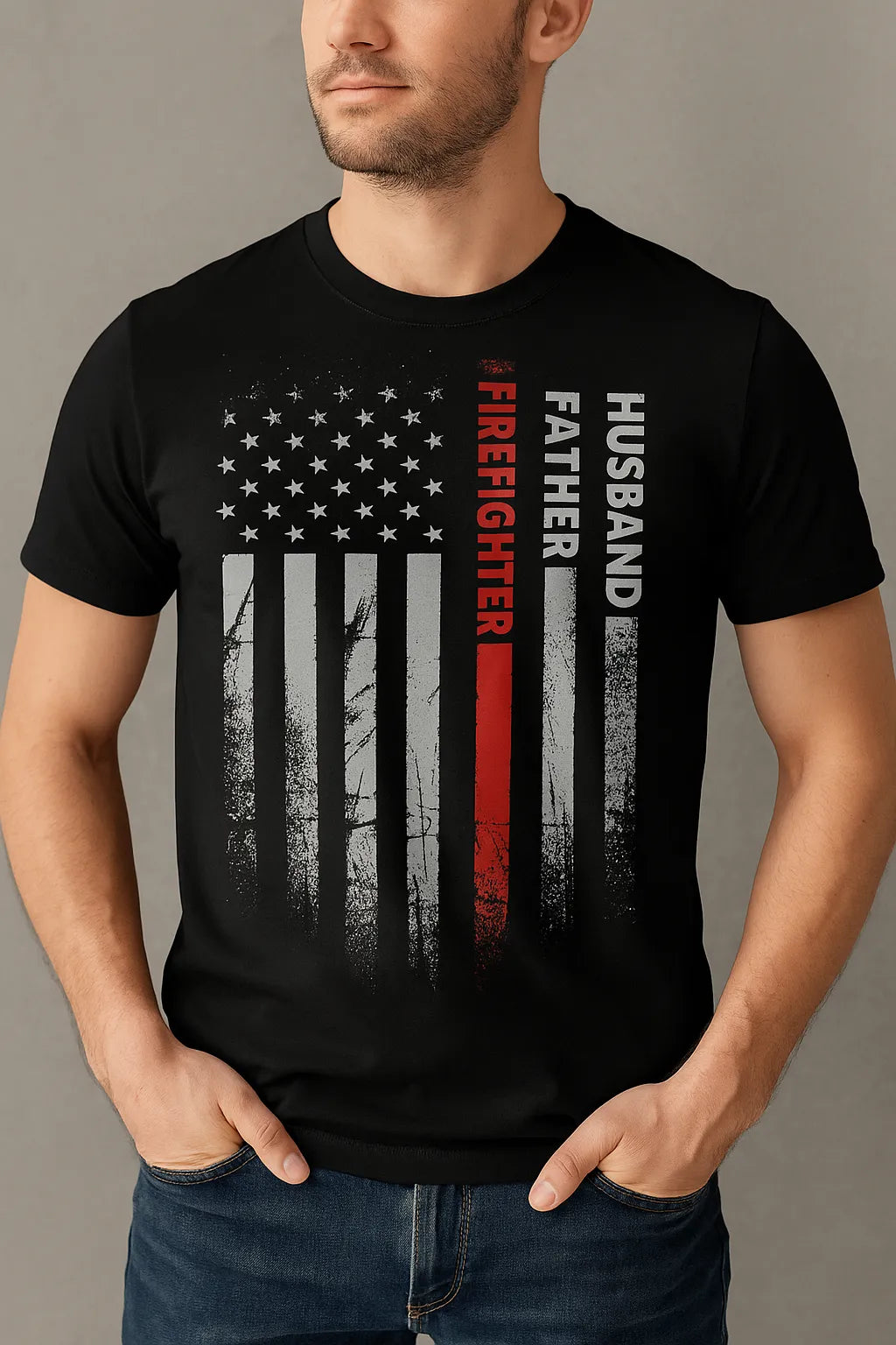 Firefighter Husband Father Design – American Flag Thin Red Line Tribute Artwork