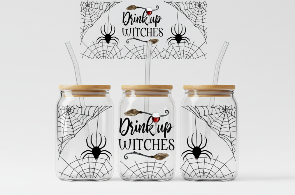 Drink Up Witches – Halloween Spider Web 16oz UV Sticker