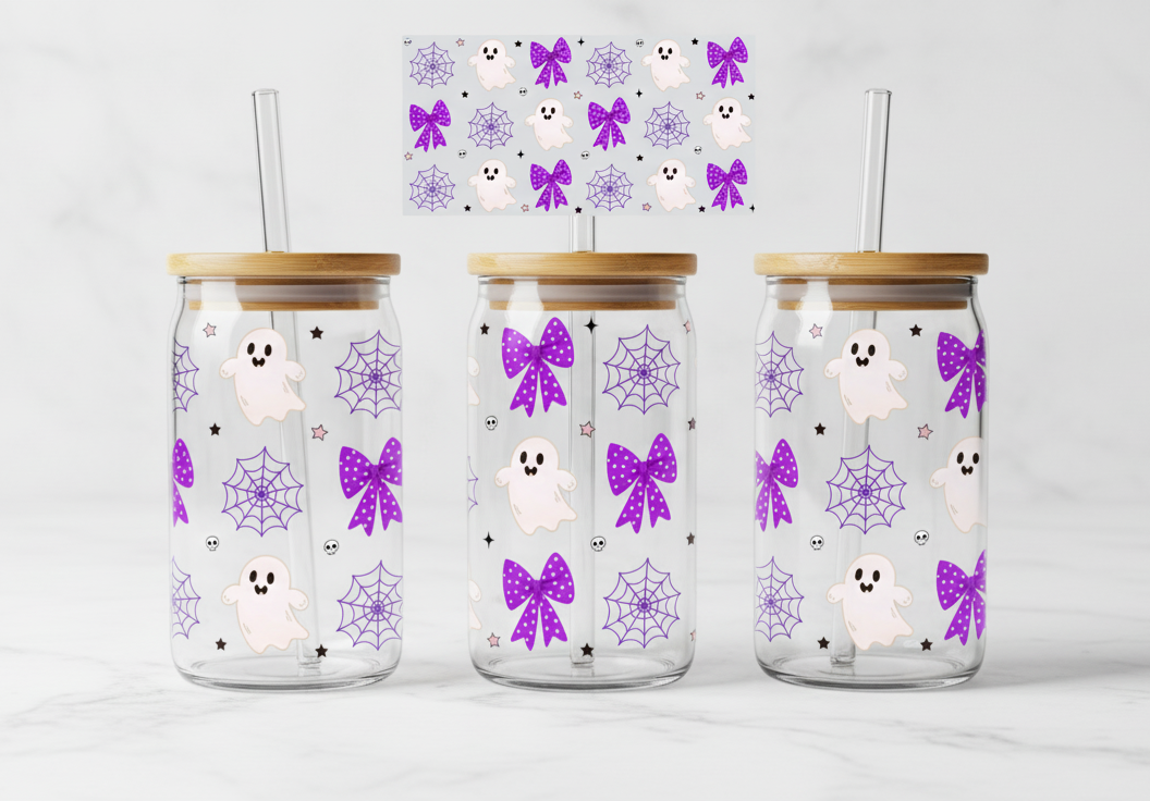 Halloween Ghost & Purple Bow – Spooky Cute 16oz UV Sticker