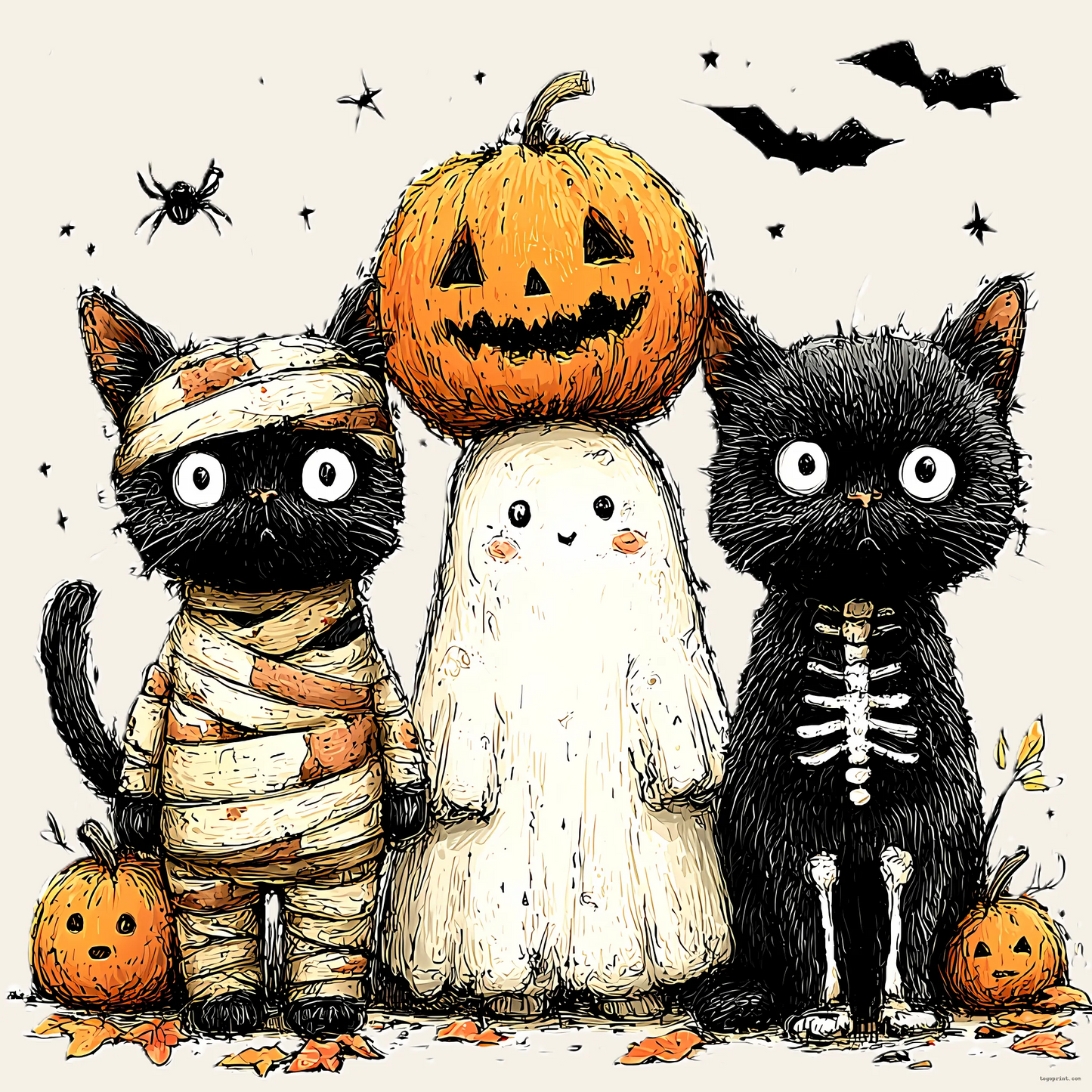 Halloween Cats Trio – Ghost, Mummy & Skeleton Pumpkin