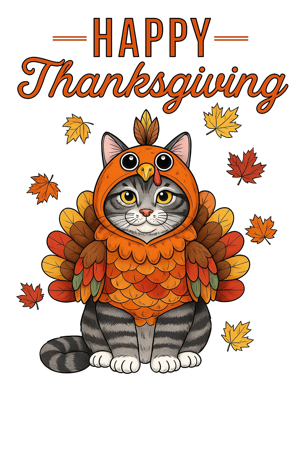 Happy Thanksgiving Cat DTF Transfer | Funny Turkey Costume Design | Ready to Press Fall Print