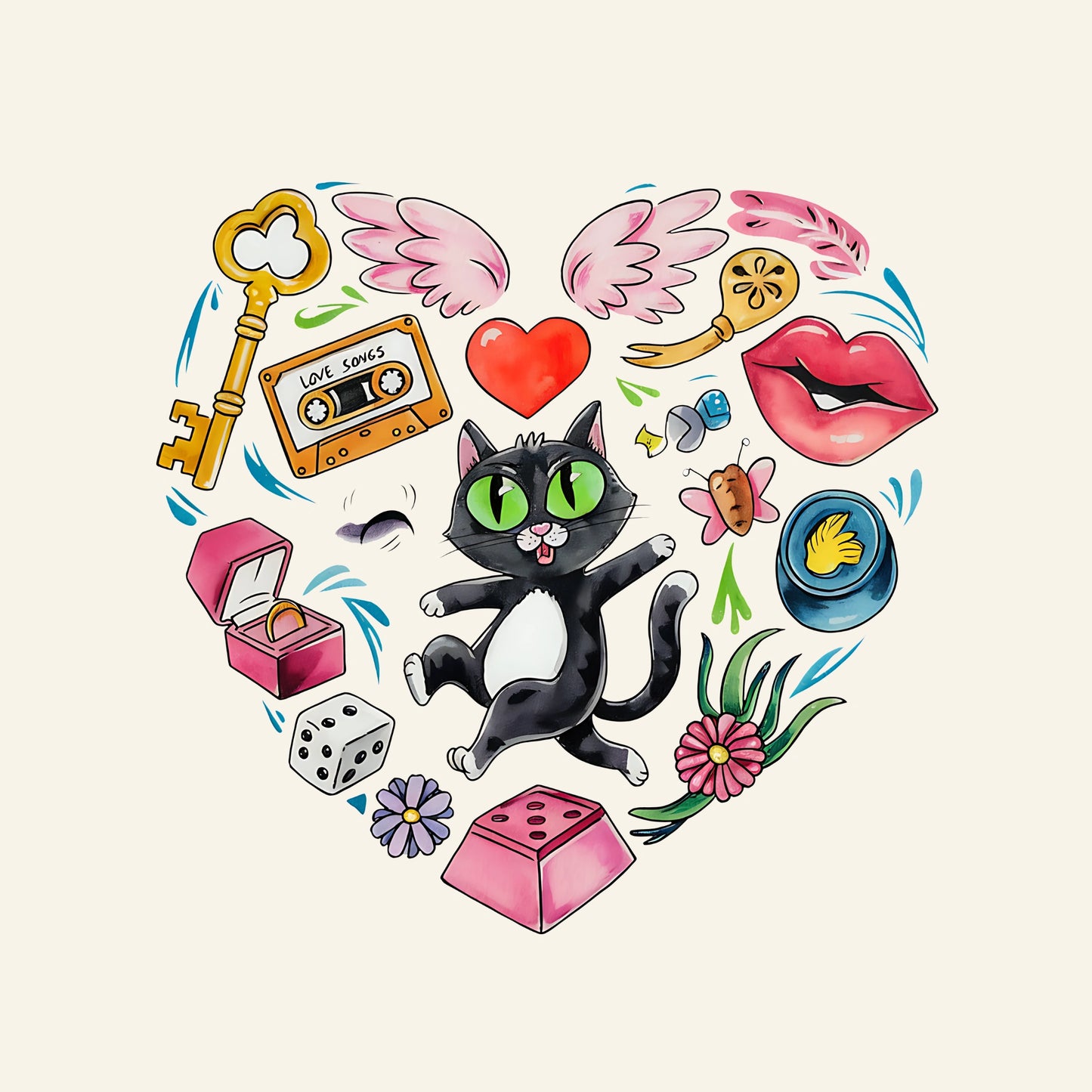 Playful Black Cat in Love Heart – Whimsical Artwork Design