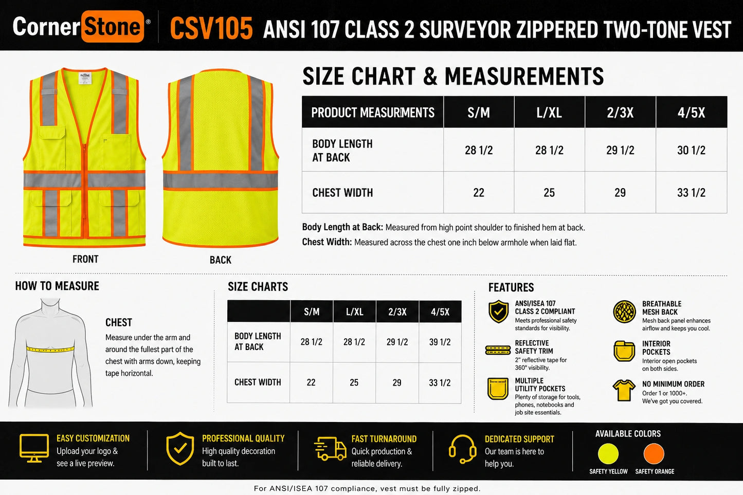Custom CornerStone CSV105 ANSI 107 Class 2 surveyor safety vest size chart with measurements, chest sizing guide, front and back product views, and fit instructions.