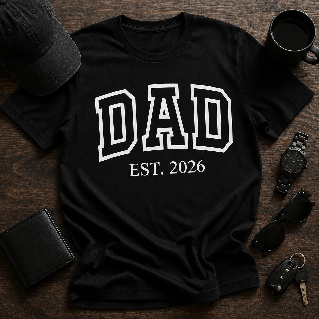Personalized dad est. year t-shirt flatlay with varsity typography design and modern masculine gift styling