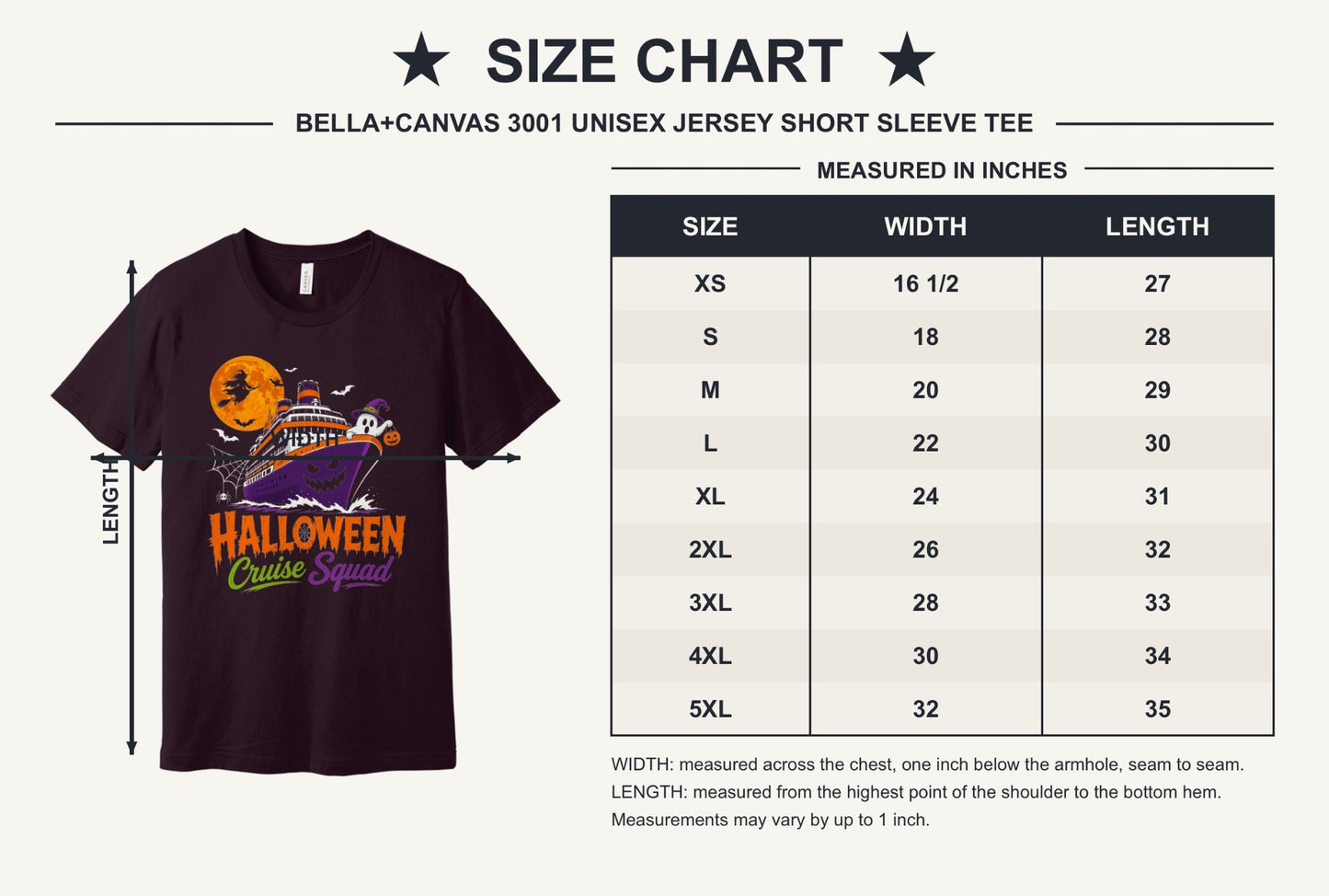 Halloween Cruise Squad unisex tee with jack-o-lantern ship, witch moon, ghost and pumpkin graphic - size chart