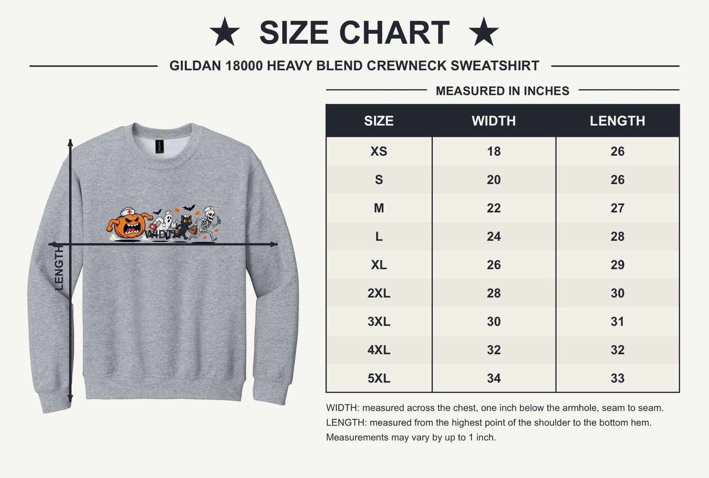 Halloween nurse sweatshirt with running pumpkin ghost skeleton and black cat cartoon print on crewneck - size chart