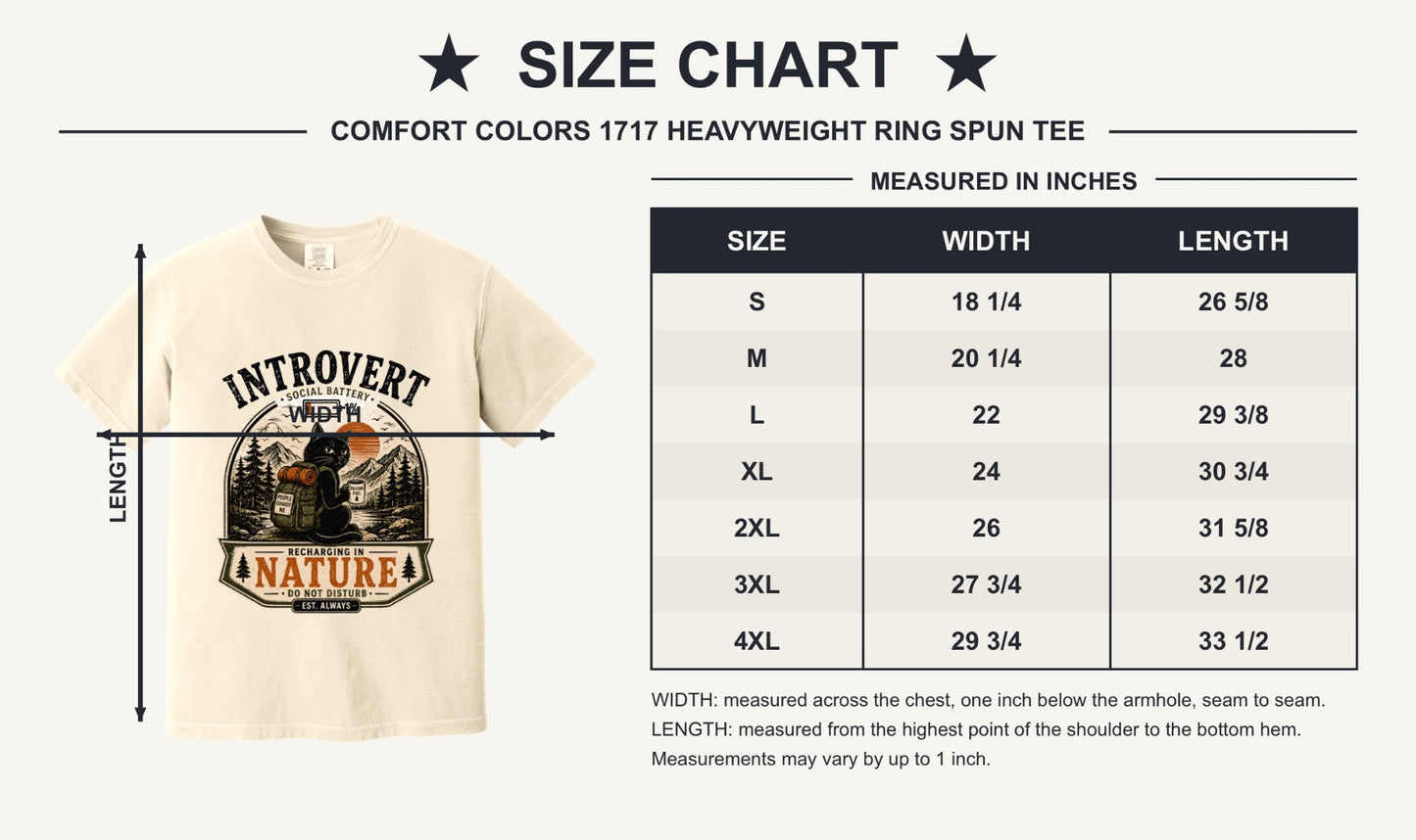 Introvert Social Battery 1% Recharging in Nature hiking cat humor tee on garment-dyed heavyweight cotton shirt - size chart