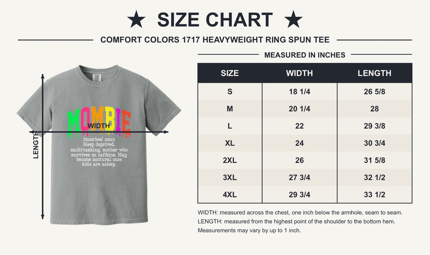 Mombie dripping neon varsity letters Halloween graphic tee on Comfort Colors heavyweight shirt - size chart