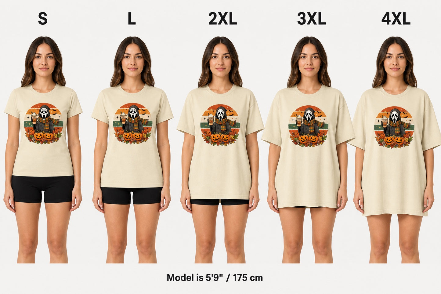 Pumpkin Spice Ghostface Halloween retro graphic tee with jack-o-lanterns and fall leaves printed on shirt size fit comparison on model, S L 2XL 3XL 4XL