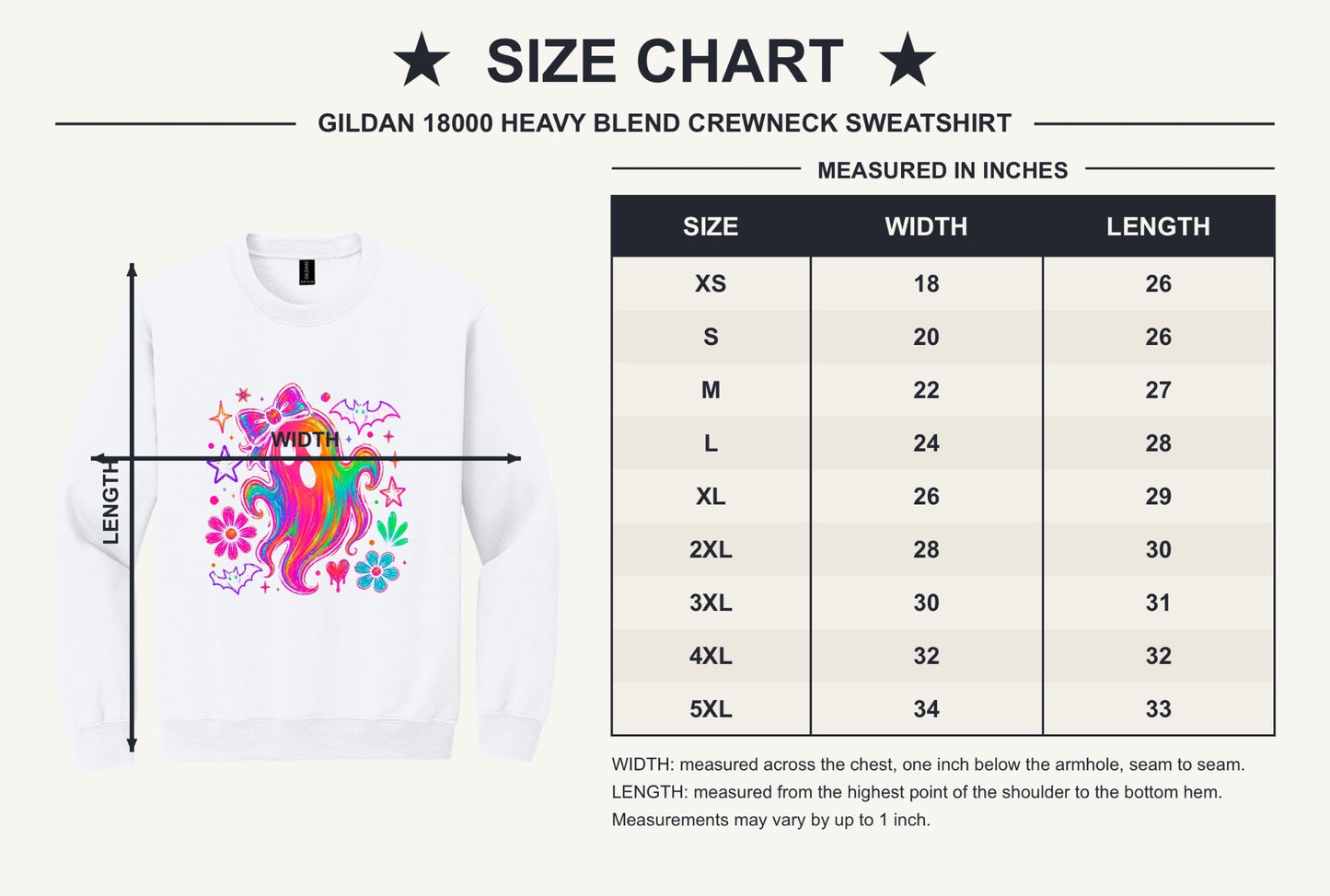 Rainbow ghost with bow Halloween DTF crewneck sweatshirt, neon groovy ghost with bats and daisies print - size chart
