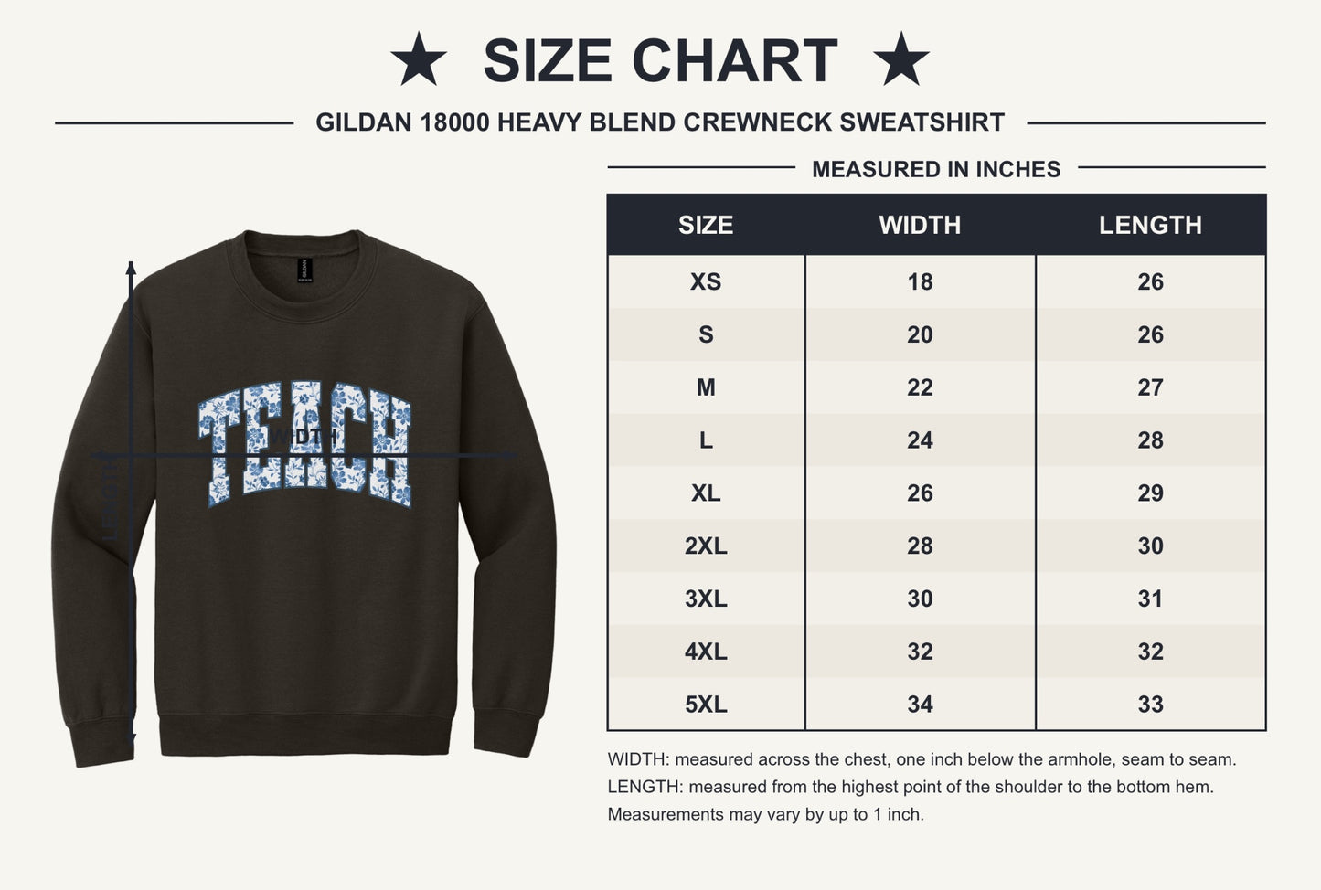 TEACH blue chinoiserie floral print DTF crewneck sweatshirt, back to school teacher gift - size chart