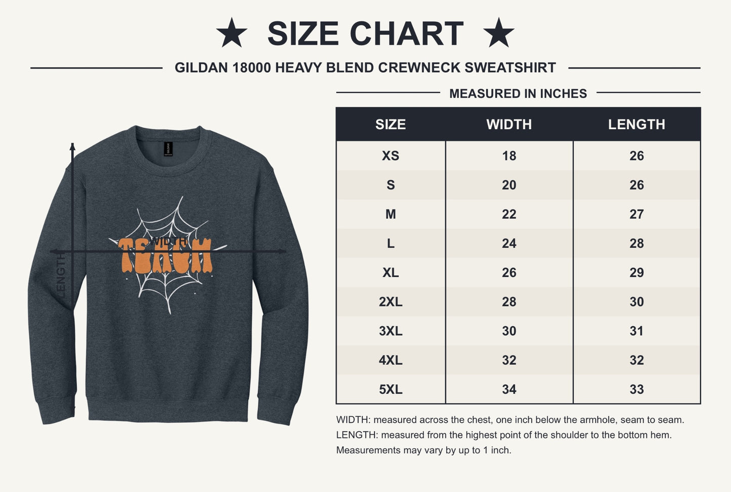 Teach groovy retro bubble letter Halloween crewneck sweatshirt, warm orange DTF print on dark fabric - size chart