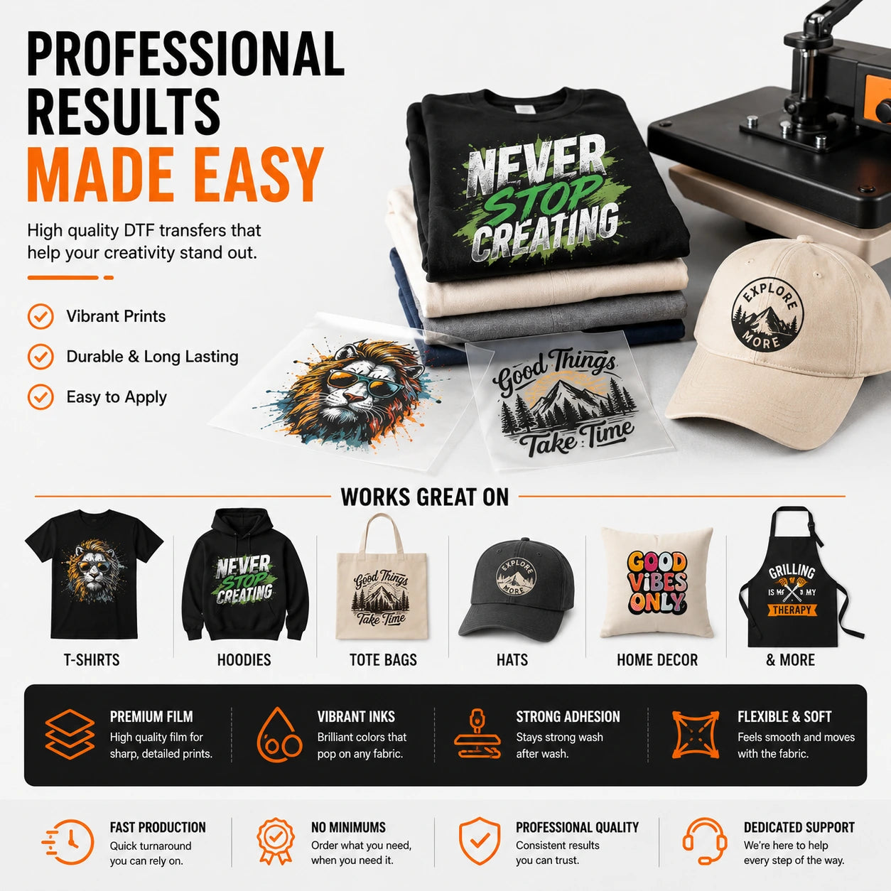 DTF transfers shown on T-shirts, hoodies, tote bags, hats, home decor, aprons, and other custom print projects.
