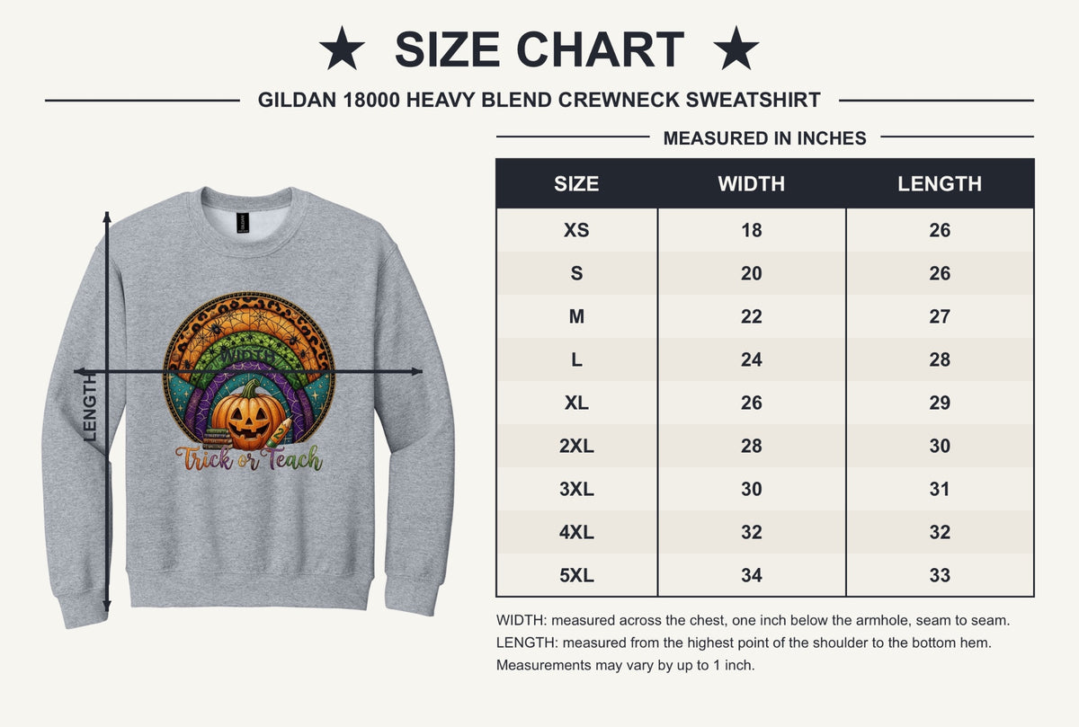Trick or Teach Halloween teacher crewneck sweatshirt with jack-o-lantern stained glass rainbow DTF print - size chart