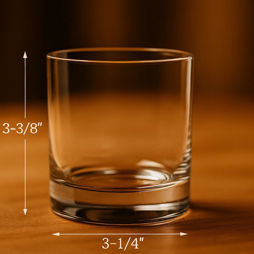 Clear glass with dimensions labeled on a brown background
