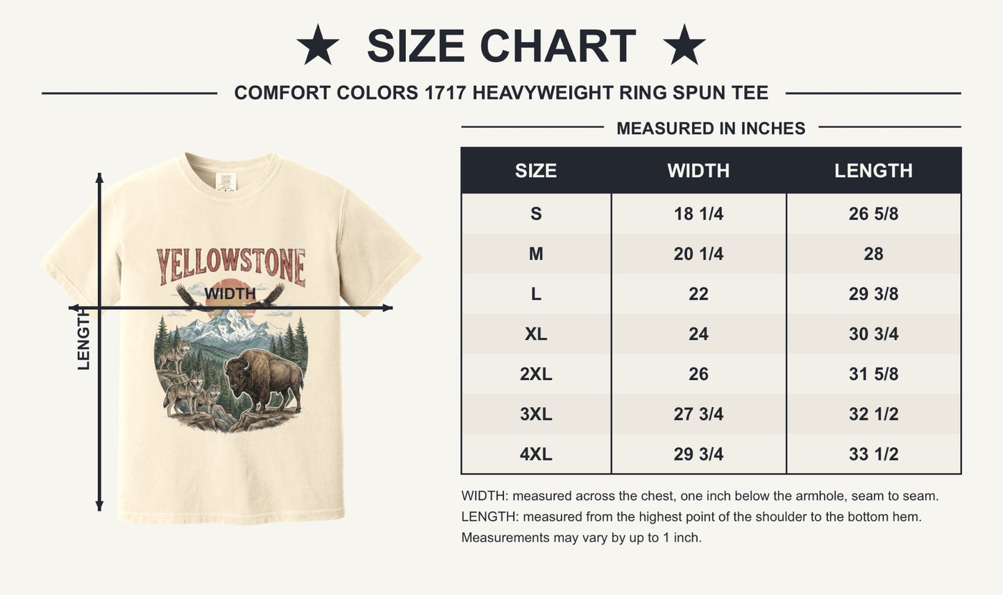 Yellowstone national park tee with wolves, bison, eagles, and mountain print on a heavyweight garment-dyed shirt - size chart