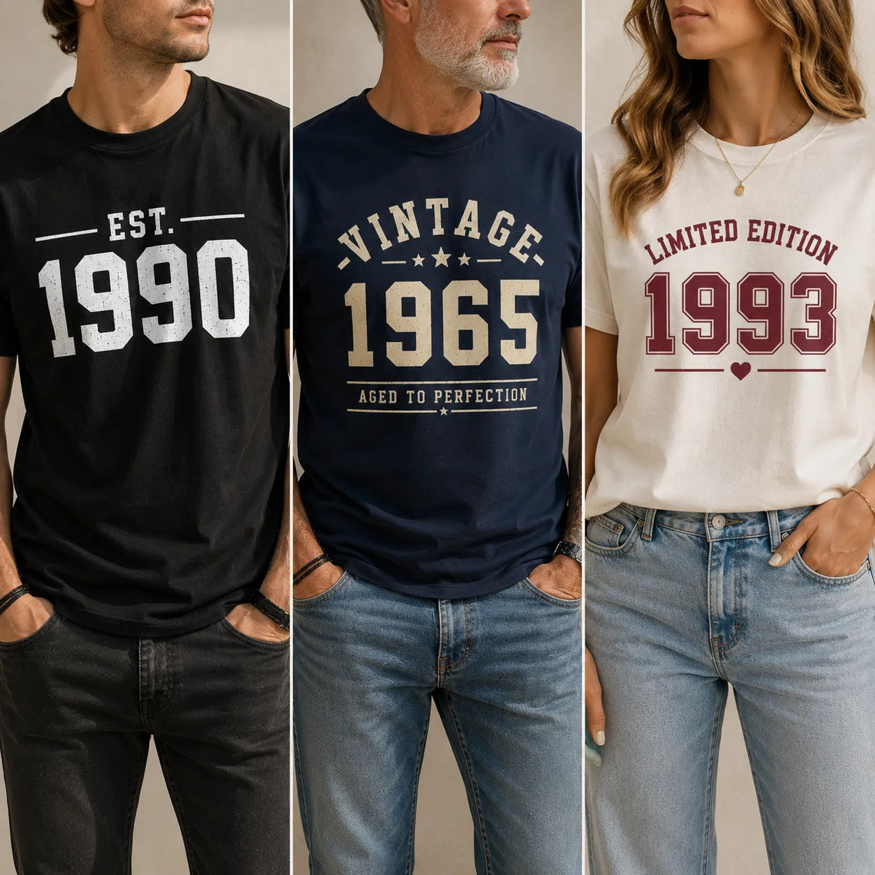 Birthday and year t-shirt designs showing EST 1990, Vintage 1965, and Limited Edition 1993 prints on black and white shirts