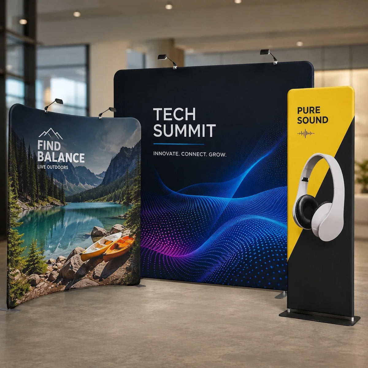 Custom tension fabric displays featuring straight and curved trade show backdrops with a portable vertical fabric stand.