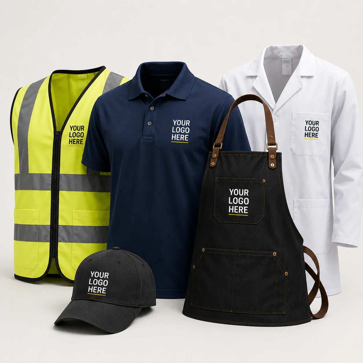 Custom workwear collection featuring branded safety vest, navy polo shirt, apron, lab coat, and cap with custom logo printing on a clean studio background.