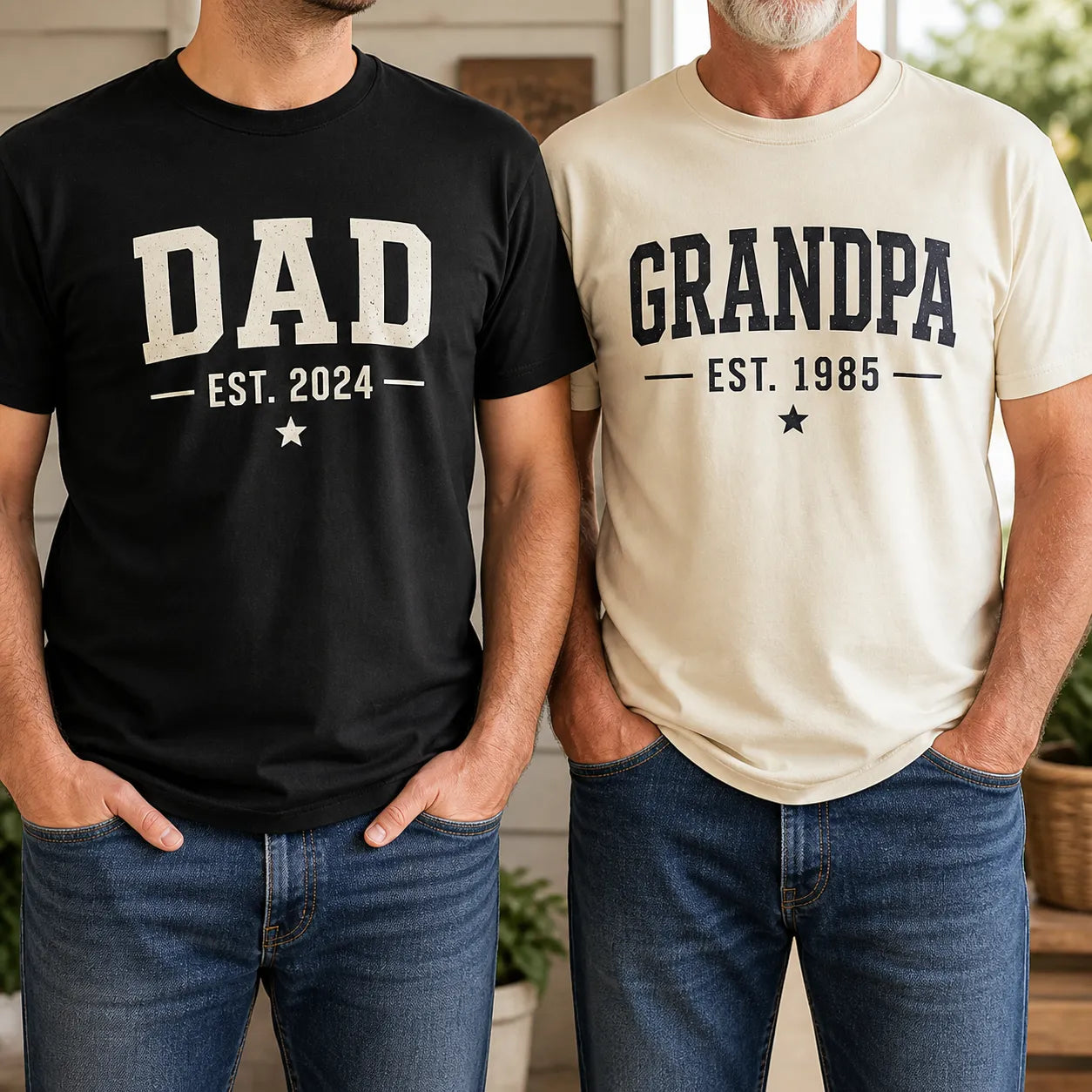 Personalized Dad and Grandpa T-shirts with custom EST year designs on black and cream shirts