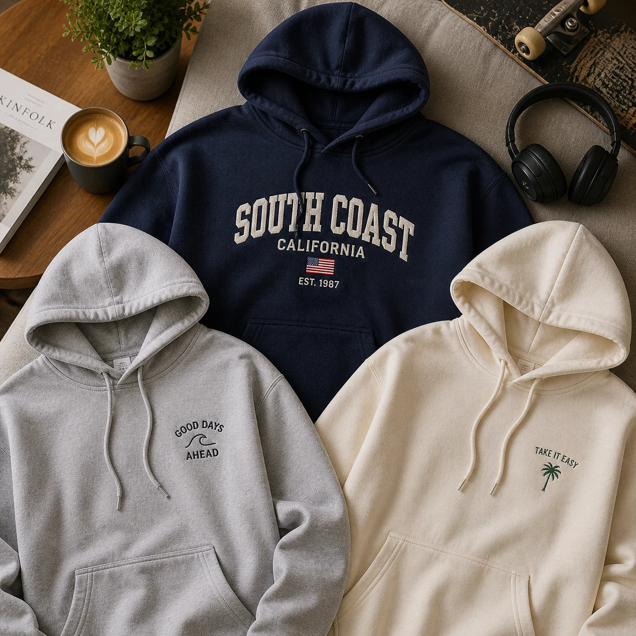 custom embroidered hoodies full chest print and small logo designs lifestyle flat lay