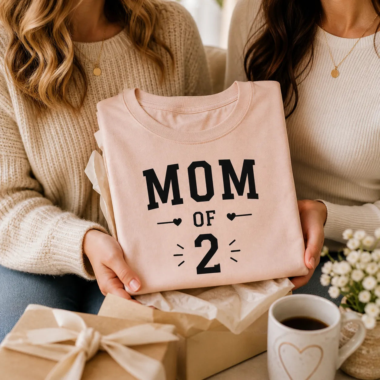 Personalized Mom shirt gift with MOM OF 2 design on folded pink t-shirt, perfect custom Mother’s Day gift