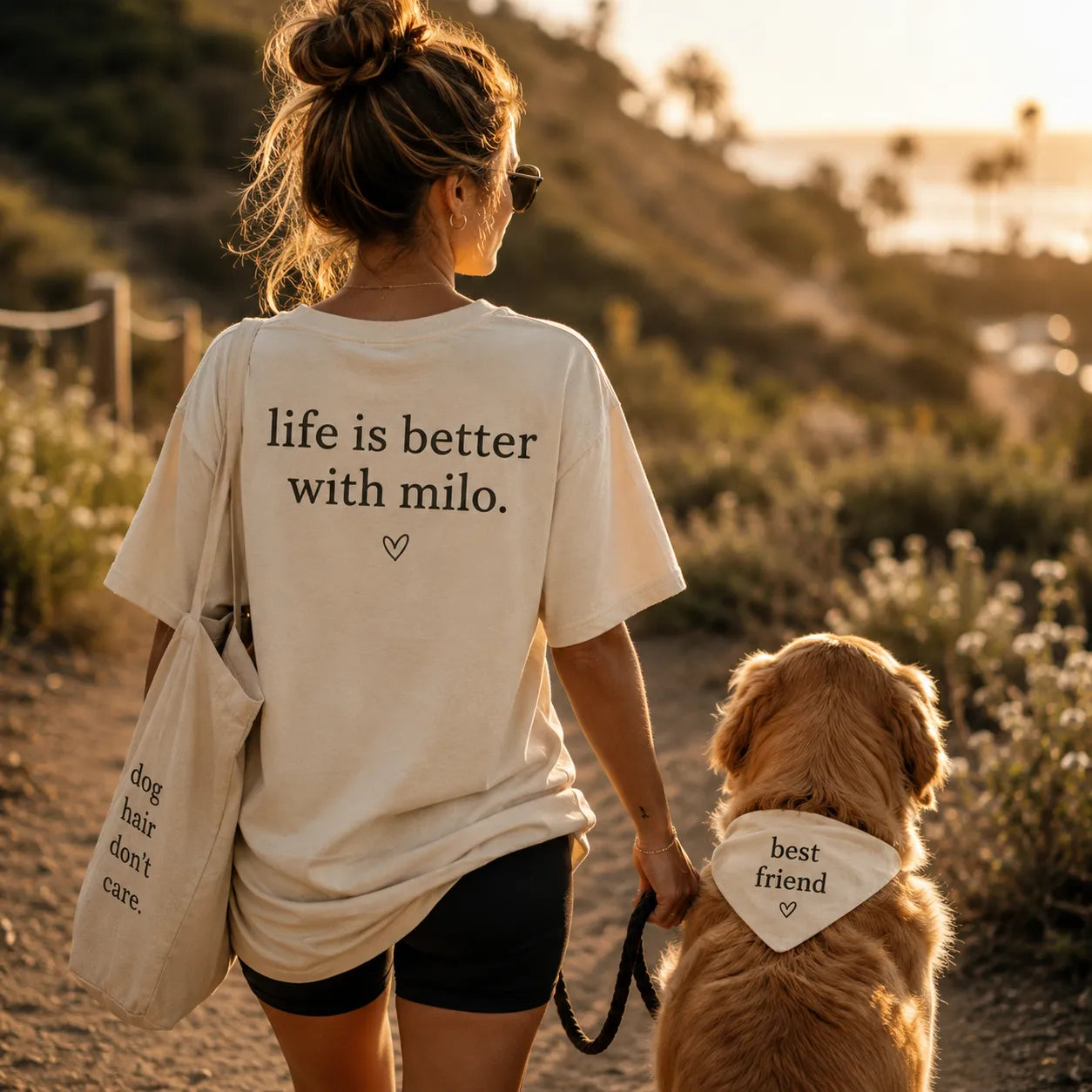 Personalized dog mom shirt with custom pet name design, matching dog bandana, and modern pet lover apparel lifestyle scene