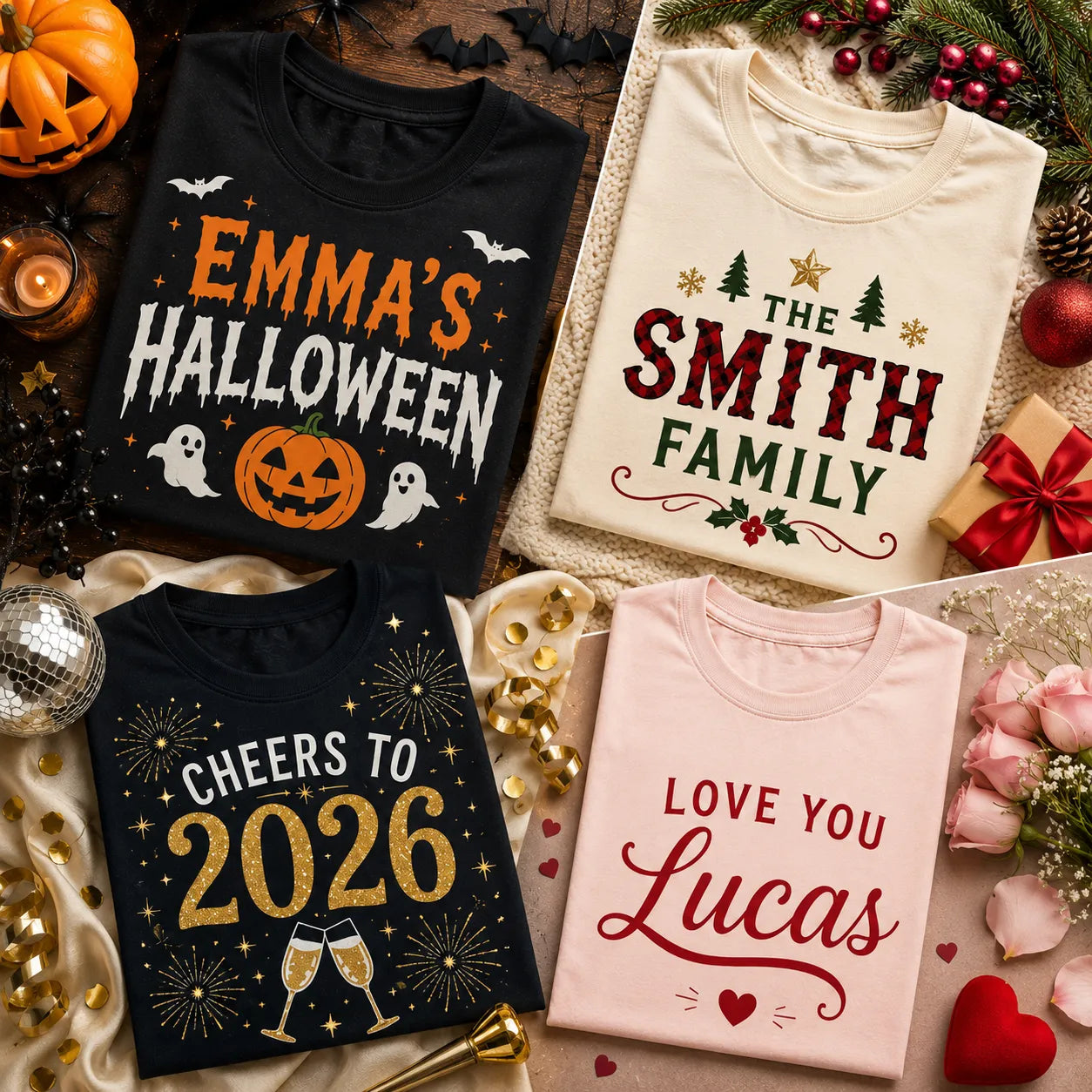 Personalized seasonal t-shirt designs for Halloween, Christmas, New Year, and Valentine’s Day with custom names and year prints