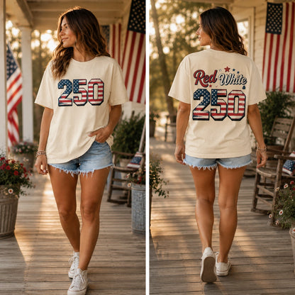 America 250th Anniversary Shirt, Patriotic Front And Back Tee, Red White And 250 Graphic Shirt