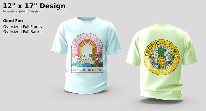 Light blue t-shirt with tropical design on front and green t-shirt with pineapple design on back, on a gray background.

