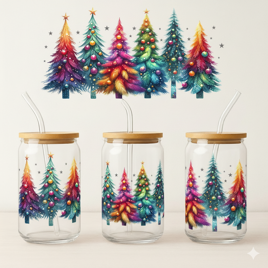 Christmas Trees Mason Jar Design – Colorful Holiday Artwork – 16oz