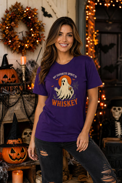My Favorite Spirit Is Whiskey Ghost Holding Bourbon Glass Halloween Graphic Tee