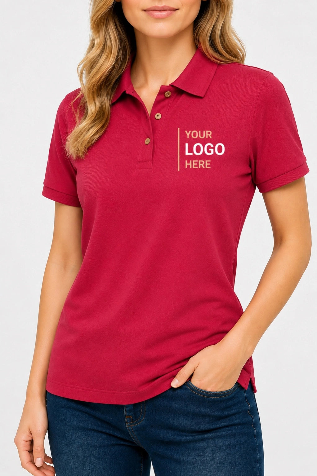 Custom Women's Logo Cotton Polo Shirt L420 shown on blonde female model with premium left chest logo placement and custom business branding example.