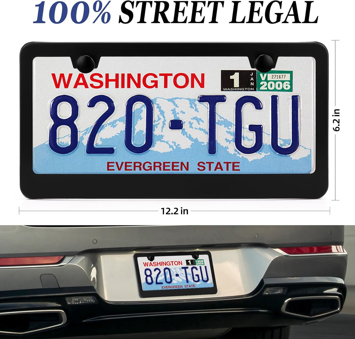 Custom printed matte black aluminum license plate frame with uploaded design, fits standard 12x6 inch plates