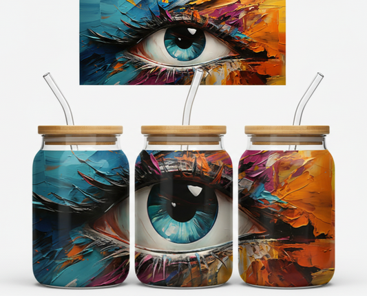 Abstract Eye Mason Jar Design – Colorful Artistic Brushstroke Artwork – 16oz UV Sticker