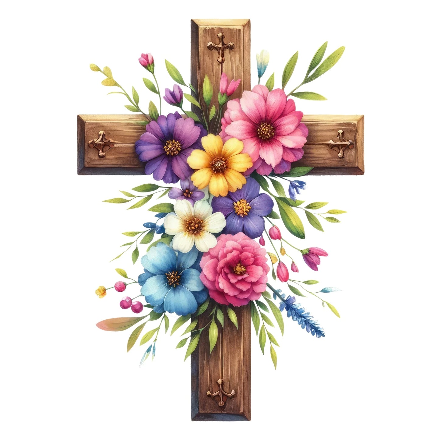 Floral Wooden Cross Design – Christian Faith and Flowers Artwork