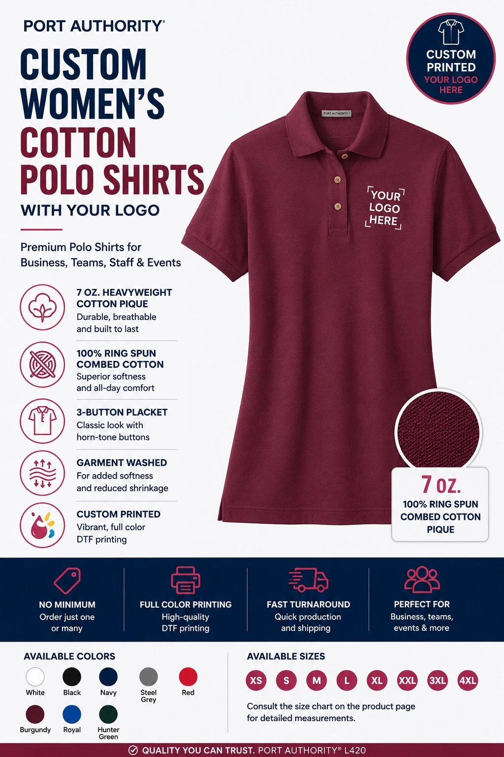 Custom Port Authority L420 Women’s Heavyweight Cotton Pique Polo Shirt with logo placement, 7 oz ring spun combed cotton fabric, 3-button placket, custom printed business polo for teams, uniforms and corporate apparel.