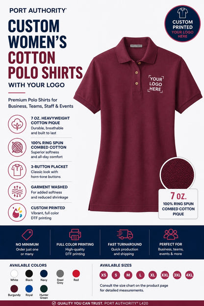 Custom Port Authority L420 Women’s Heavyweight Cotton Pique Polo Shirt with logo placement, 7 oz ring spun combed cotton fabric, 3-button placket, custom printed business polo for teams, uniforms and corporate apparel.