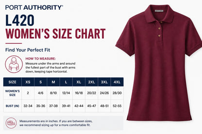 Port Authority L420 Women’s Heavyweight Cotton Pique Polo size chart showing women’s sizes 2 to 30 and bust measurements from 32 to 55 inches for accurate sizing.
