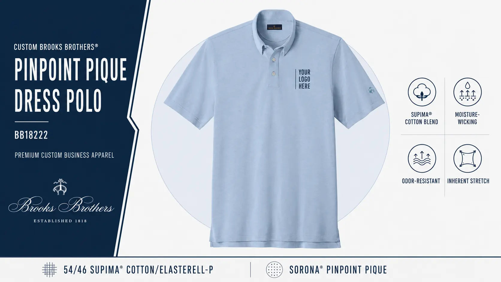 Custom Brooks Brothers BB18222 Pinpoint Pique Dress Polo in Newport Blue with left-chest logo placement and performance features.
