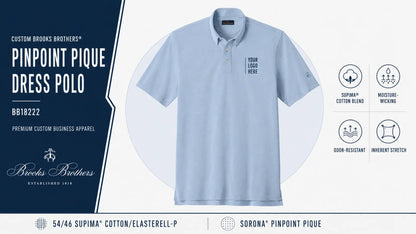 Custom Brooks Brothers BB18222 Pinpoint Pique Dress Polo in Newport Blue with left-chest logo placement and performance features.
