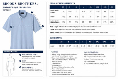 Brooks Brothers BB18222 Pinpoint Pique Dress Polo size chart with garment measurements, chest ranges and measuring instructions.
